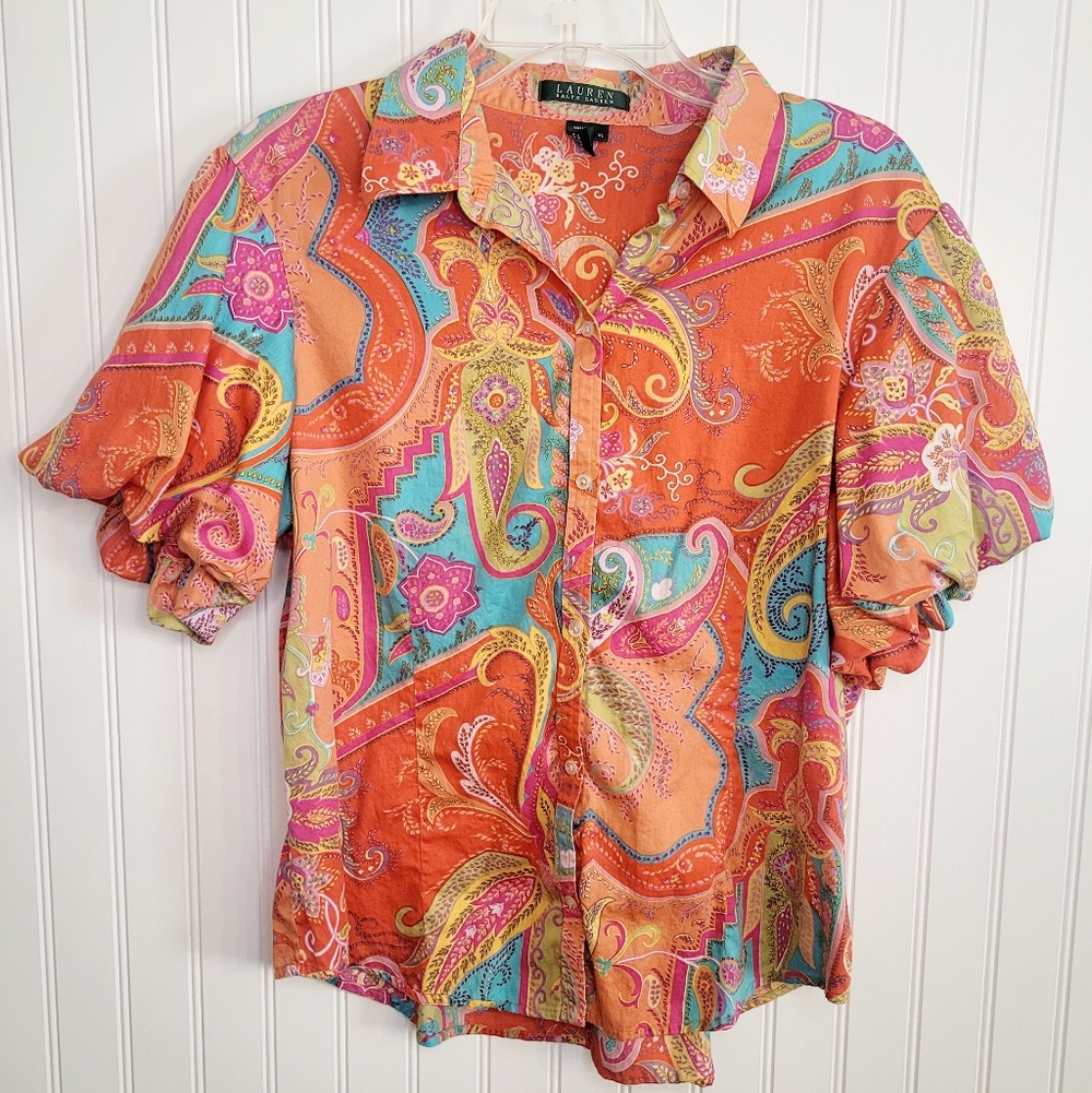 Lauren Ralph Lauren Multicolor Cotton Paisley Puff Sleeve Blouse Size XL